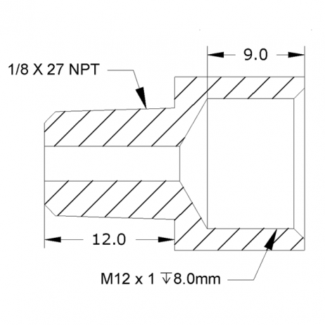 image of 1/8 NPT male to M12 x 1 female thread adapter